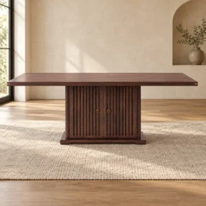 Dark Wood Dining Table on Fluted Cabinet Pedestal in walnut — front view