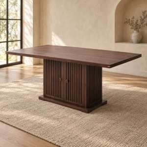 Dark Wood Dining Table on Fluted Cabinet Pedestal in walnut — in a room setting