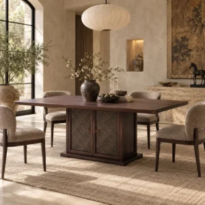 Dark Wood Dining Table on Two-Door Pedestal in walnut — in a room setting