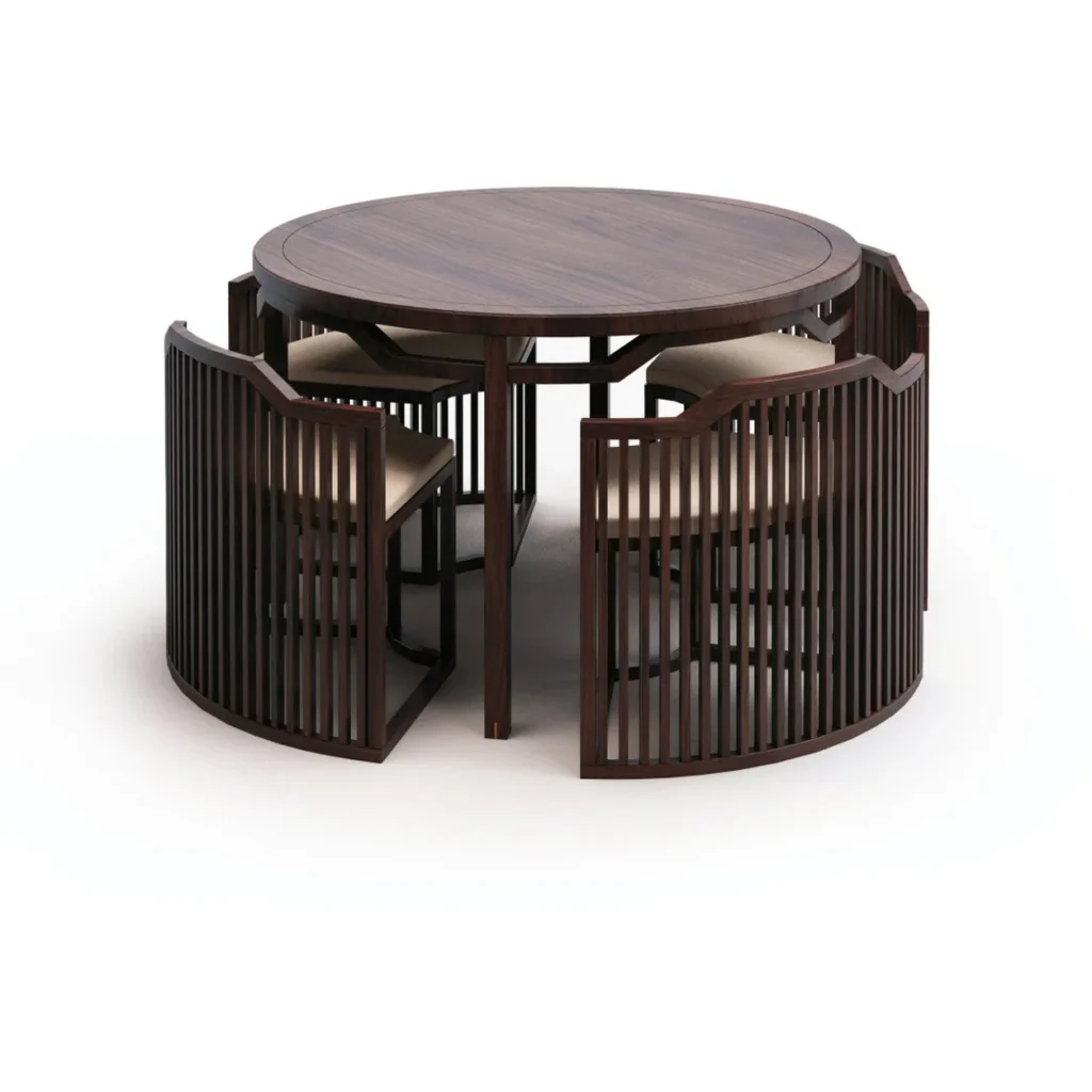 Round Dark Wood Dining Table with Nesting Slatted Chairs in walnut — front view