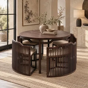 Round Dark Wood Dining Table with Nesting Slatted Chairs in walnut — in a room setting