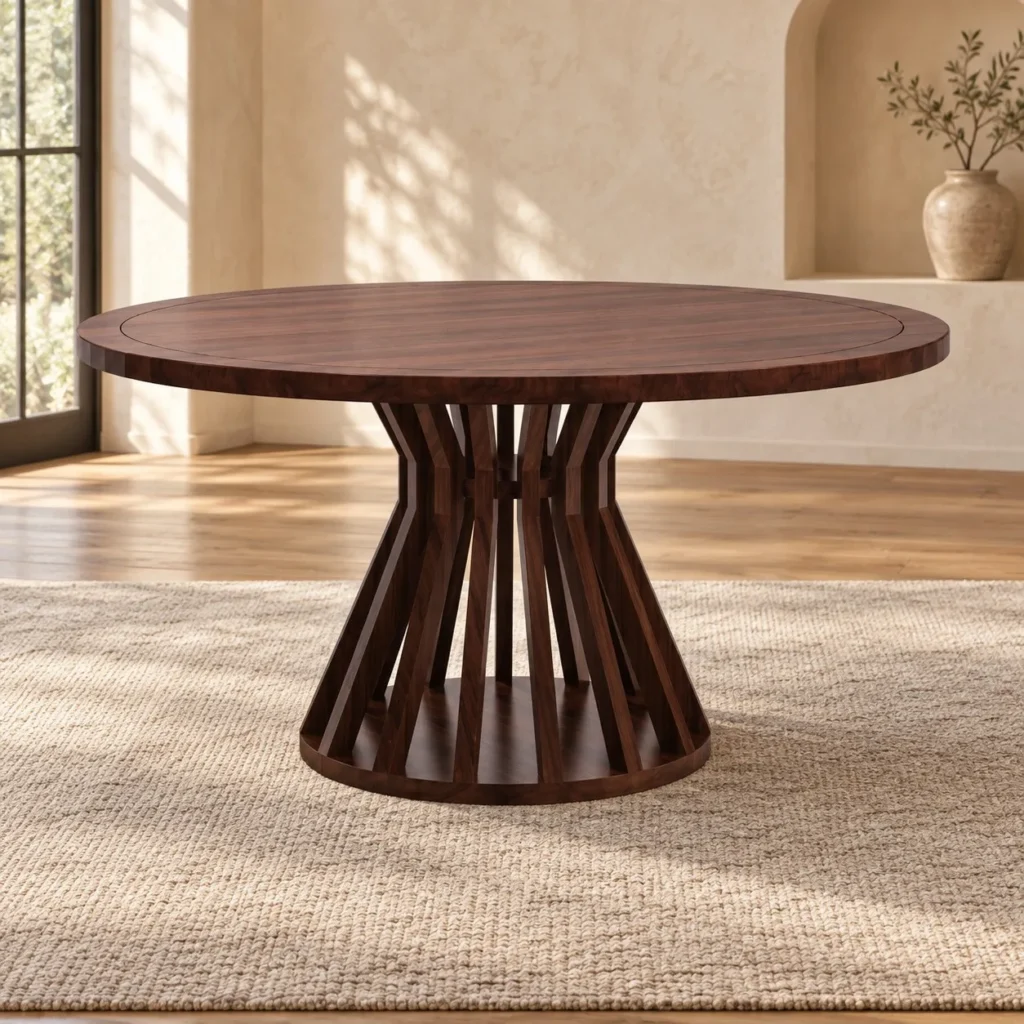 Round Walnut Dining Table on Radial Spindle Base in walnut — front view