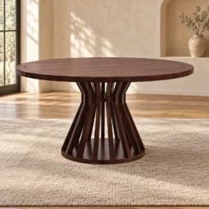 Round Walnut Dining Table on Radial Spindle Base in walnut — front view