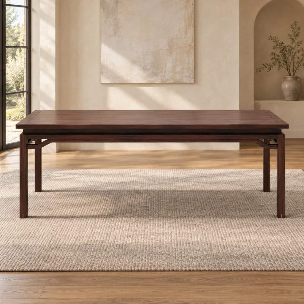 Walnut Dining Table with Slim Legs and Corner Brackets in walnut — front view