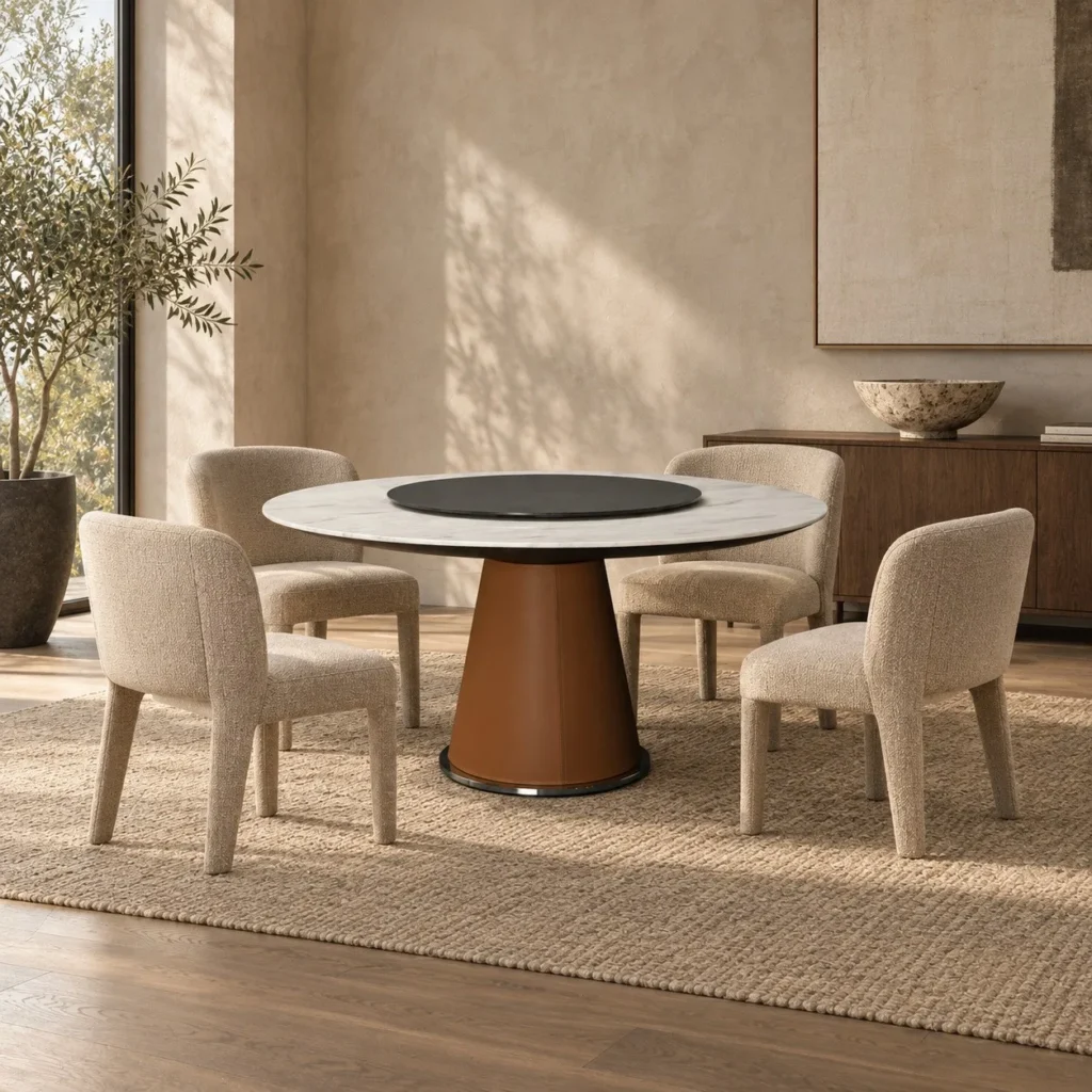 Ella Round Table with Leather-Wrapped Conical Base in clay — front view