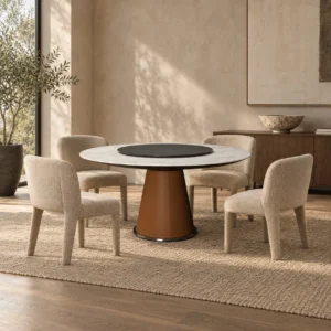 Ella Round Table with Leather-Wrapped Conical Base in clay — front view
