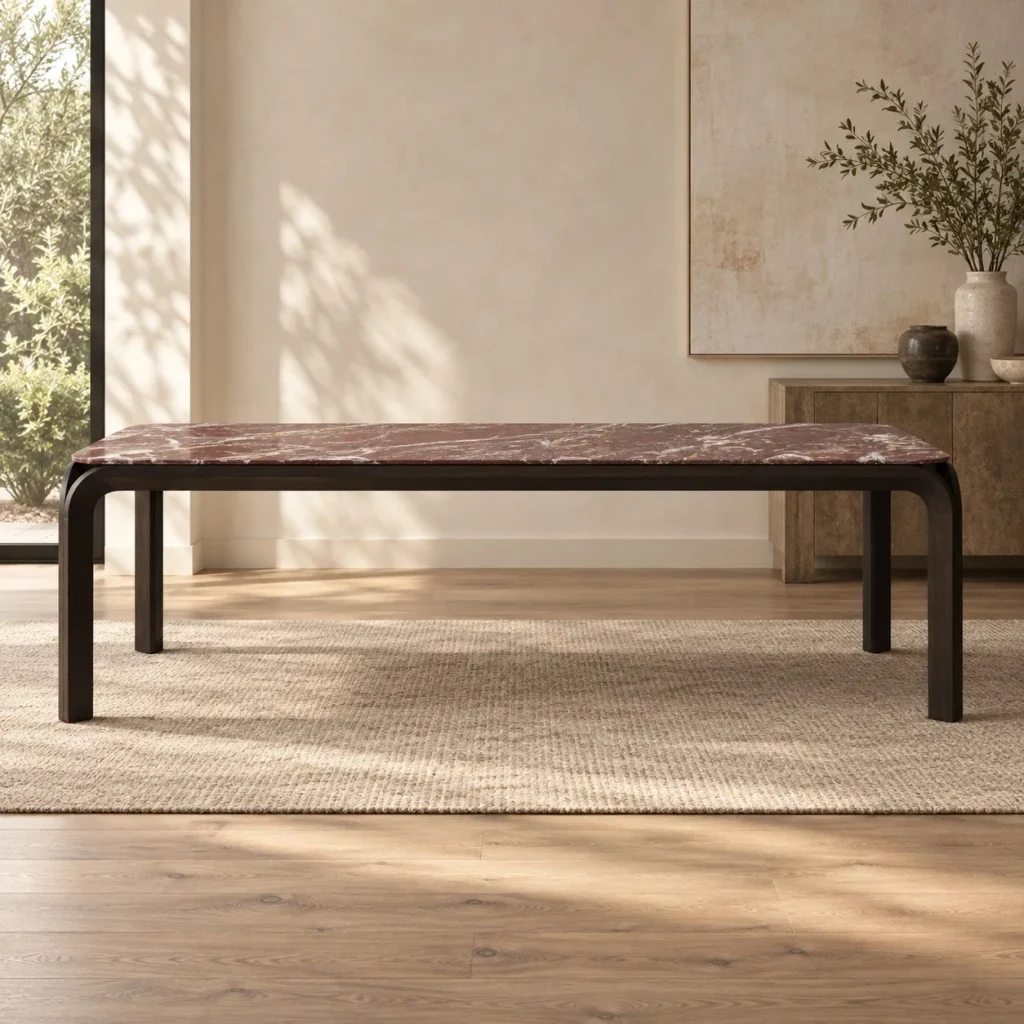 Yuzu Marble Bench Table with Y-Shaped Bentwood Legs in burgundy — front view