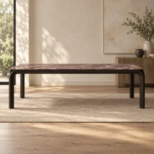 Yuzu Marble Bench Table with Y-Shaped Bentwood Legs in burgundy — front view