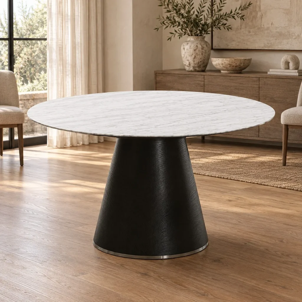 White Marble Round Table on Black Cone Pedestal in ivory — front view
