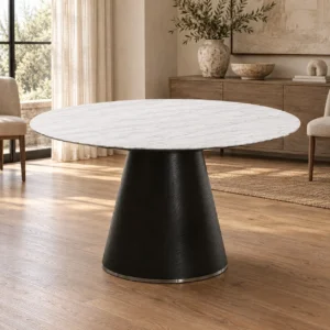 White Marble Round Table on Black Cone Pedestal in ivory — front view