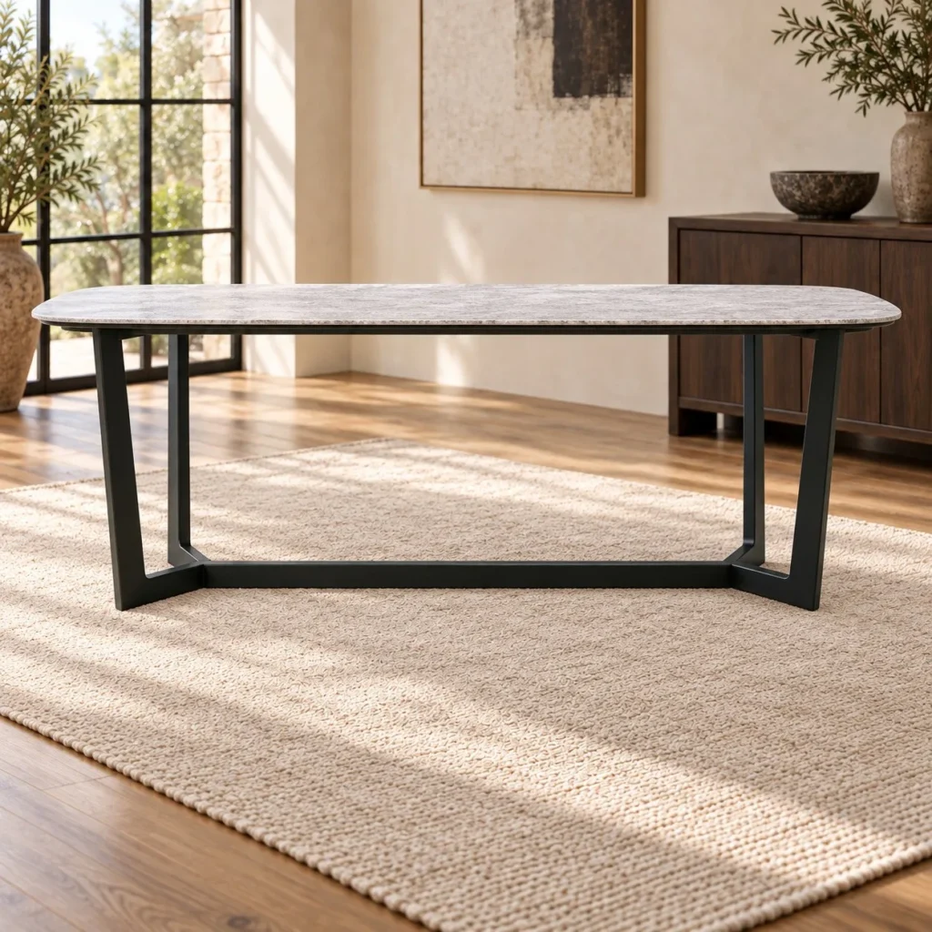 Marble Dining Table on Angular Black Wood Base in ivory — front view