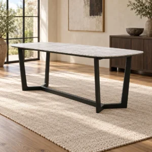 Marble Dining Table on Angular Black Wood Base in ivory — in a room setting