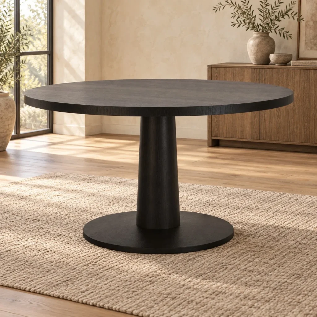 Black Oak Veneer Round Table on Disc Pedestal in black — front view