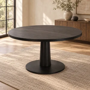 Black Oak Veneer Round Table on Disc Pedestal in black — in a room setting