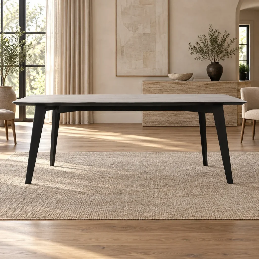 Marble-Top Dining Table on Splayed Black Legs in slate — front view