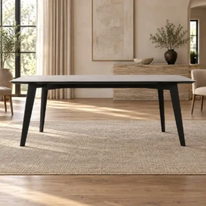 Marble-Top Dining Table on Splayed Black Legs in slate — front view