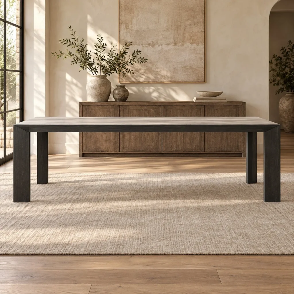 Dining Table with Pale Stone-Look Top and Black Block Legs in oatmeal — front view