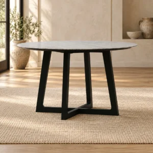 White Marble Round Table on Black Crossed-Panel Base in ivory — front view
