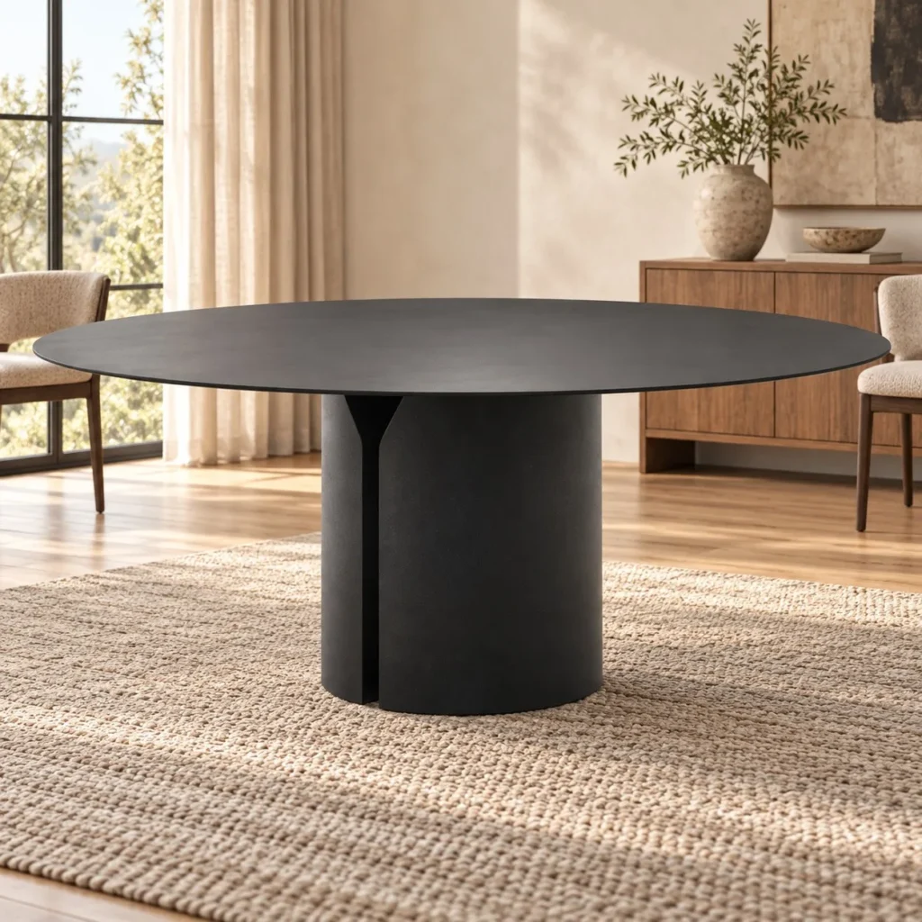 Black Round Dining Table on Split Cylinder Base in black — front view