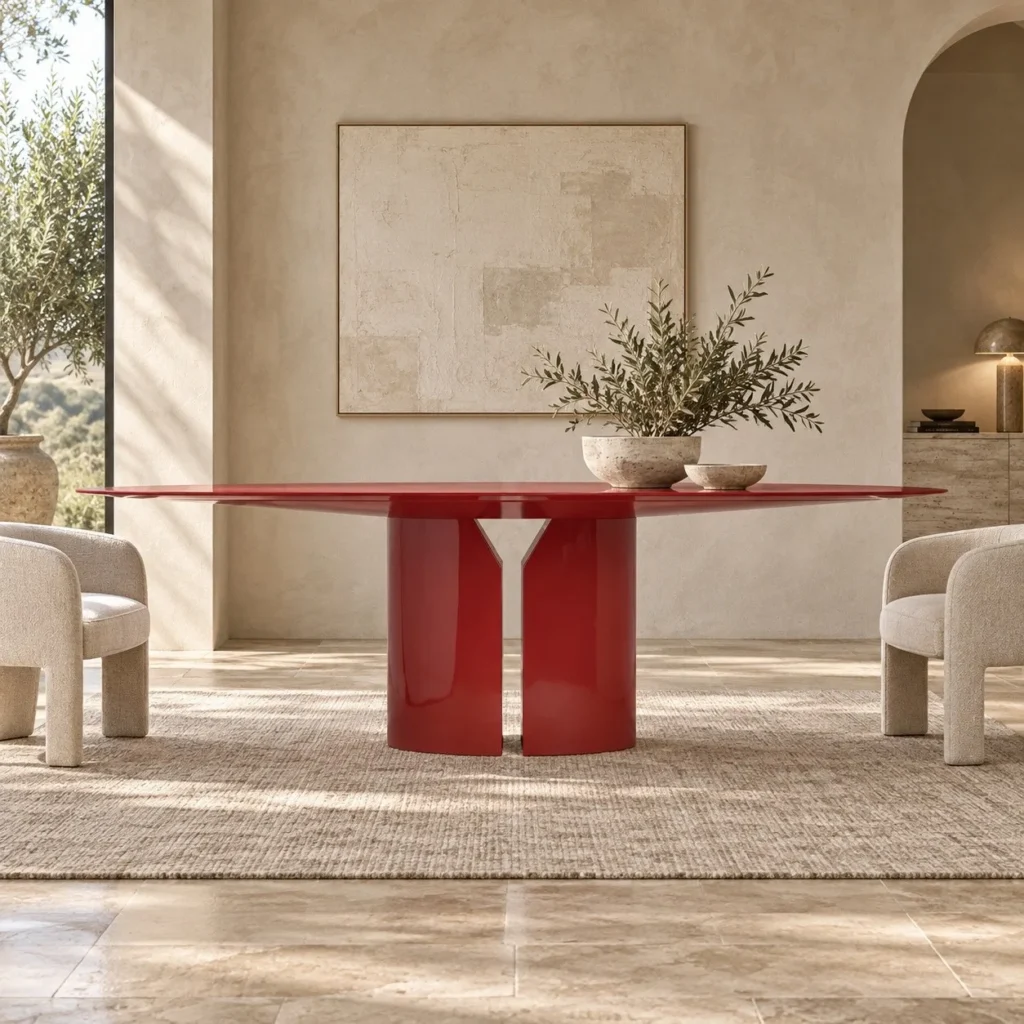 Red Lacquer Oval Dining Table on Split Pedestal in red — front view