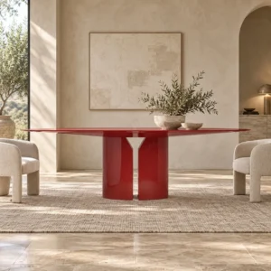 Red Lacquer Oval Dining Table on Split Pedestal in red — front view