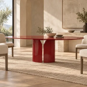 Red Lacquer Oval Dining Table on Split Pedestal in red — in a room setting
