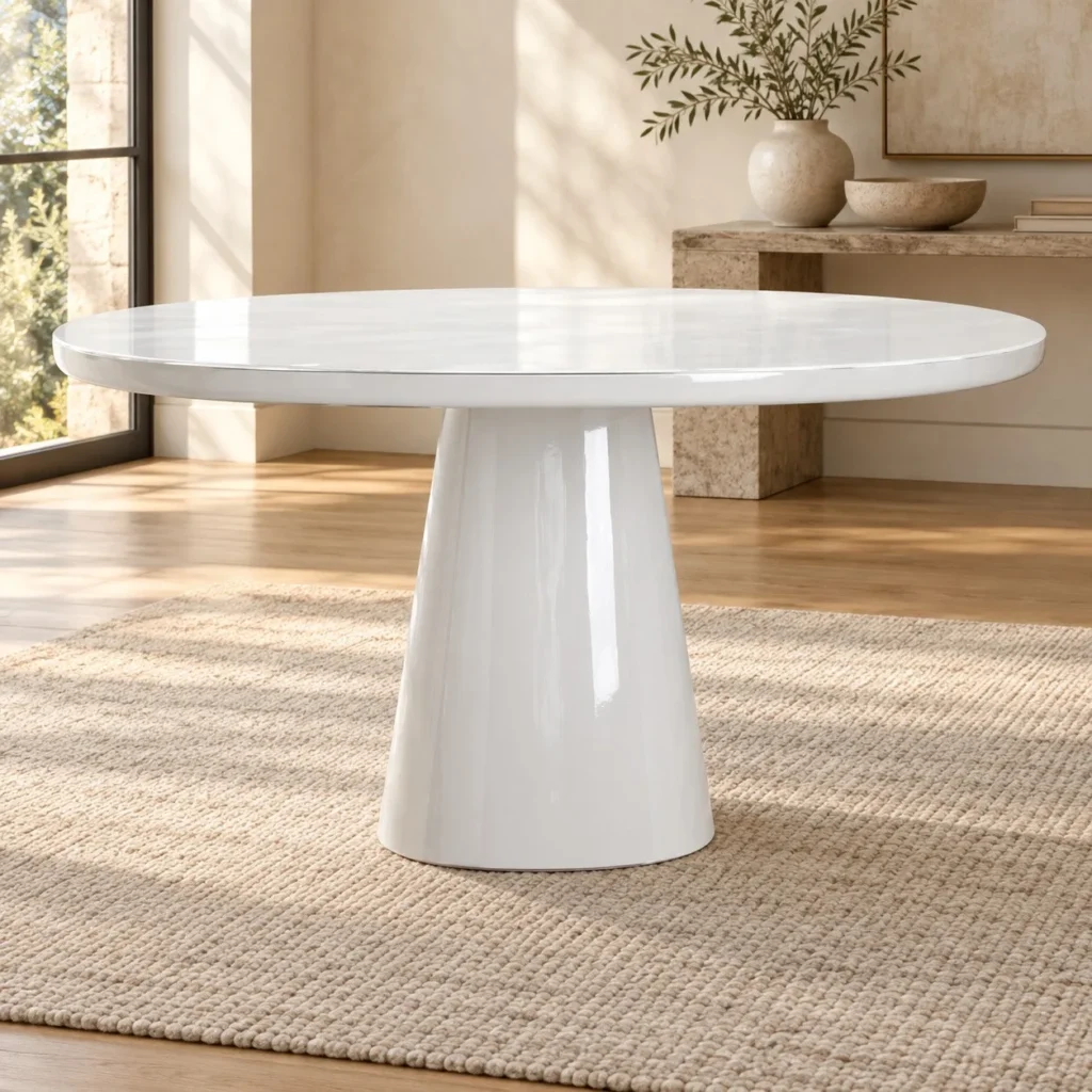 White Gloss Round Dining Table on Cone Base in ivory — front view