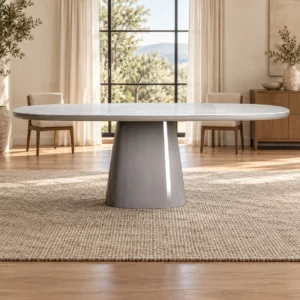 Grey Lacquer Oval Dining Table on Cone Pedestal in slate — front view