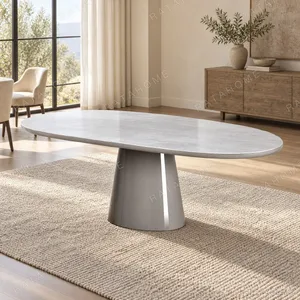 Grey Lacquer Oval Dining Table on Cone Pedestal in slate — in a room setting
