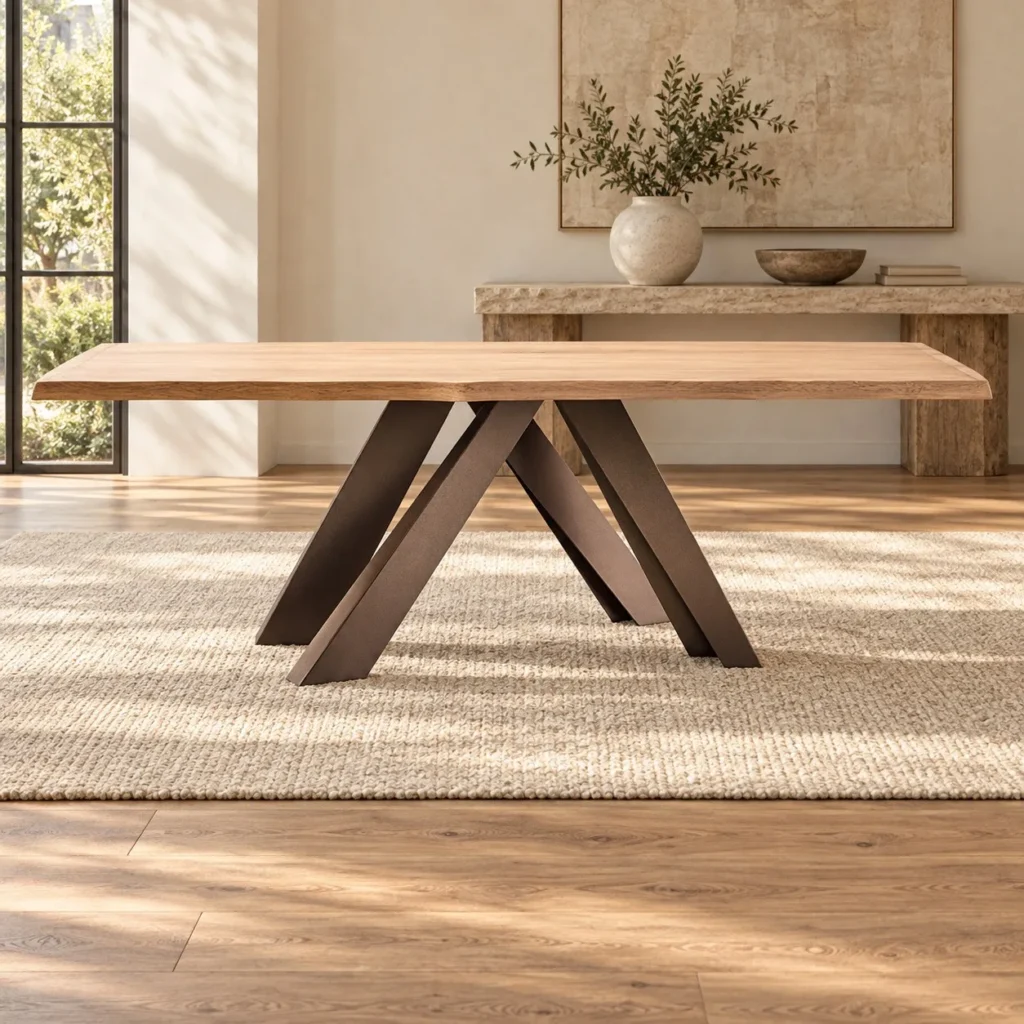 Light Oak Dining Table on Angled Black Metal Legs in natural oak — front view