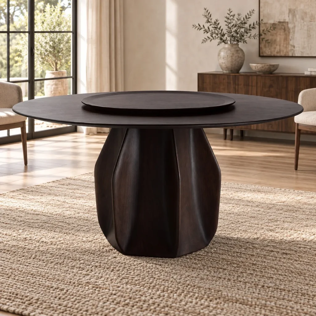 Dark Round Dining Table with Lazy Susan on Faceted Base in black — front view