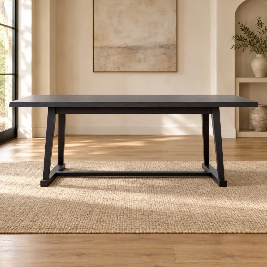 Black Veneer Trestle Dining Table in black — front view