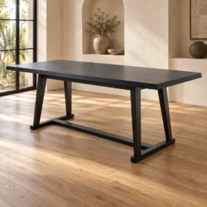 Black Veneer Trestle Dining Table in black — in a room setting
