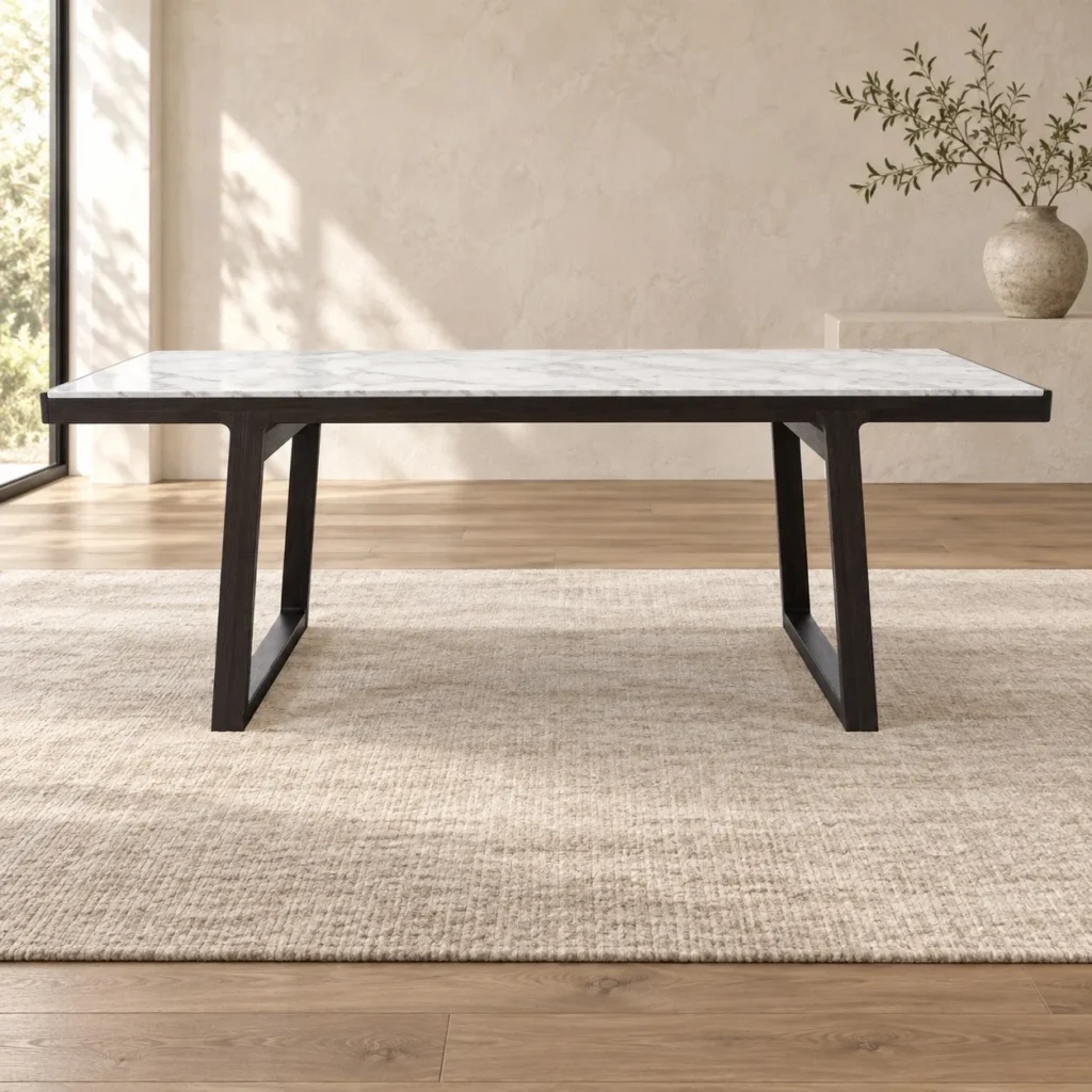 White Marble Dining Table on Black Sled Legs in ivory — front view