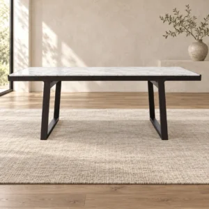 White Marble Dining Table on Black Sled Legs in ivory — front view
