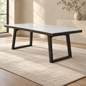 White Marble Dining Table on Black Sled Legs in ivory — in a room setting