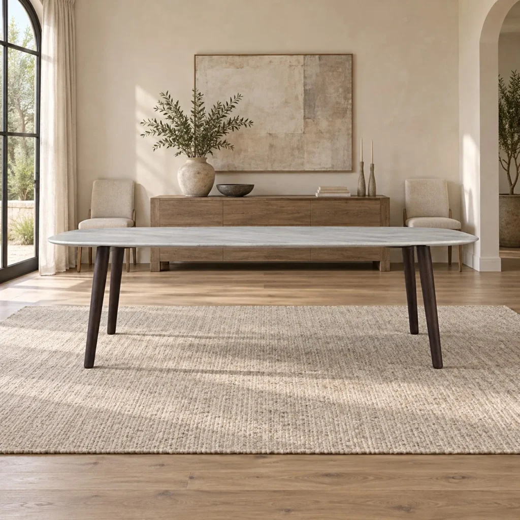 White Marble Dining Table on Splayed Black Legs in ivory — front view