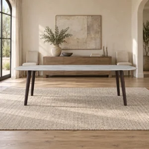 White Marble Dining Table on Splayed Black Legs in ivory — front view