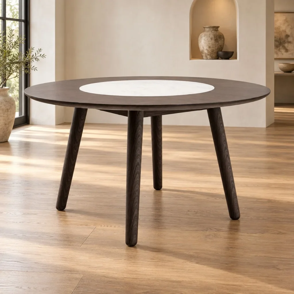 Round Dark Veneer Table with White Marble Centre in black — front view