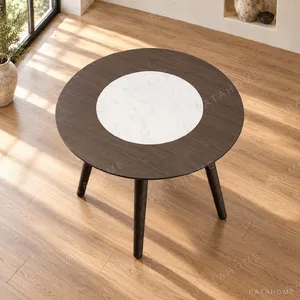 Round Dark Veneer Table with White Marble Centre in black — in a room setting