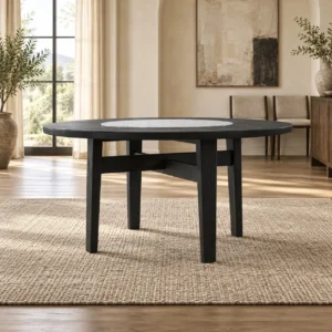 Round Black Table with White Marble Inset on Cross Base in black — front view