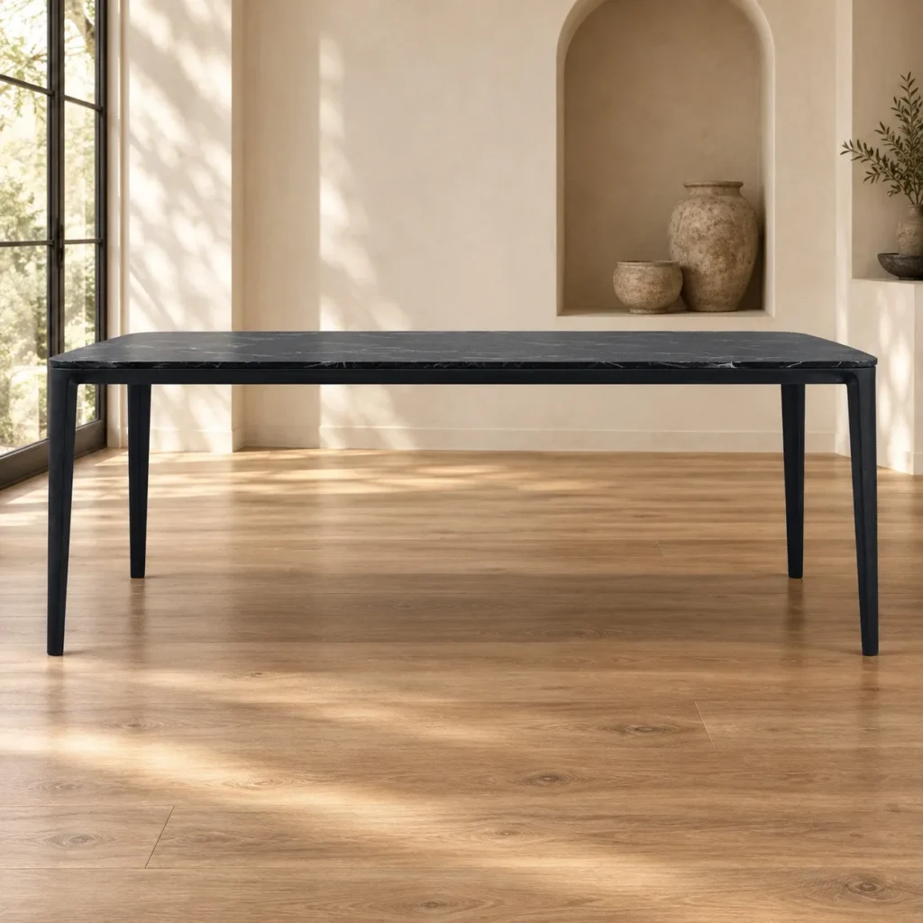 Black Marble Dining Table on Slim Angled Legs in black — front view