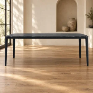 Black Marble Dining Table on Slim Angled Legs in black — front view