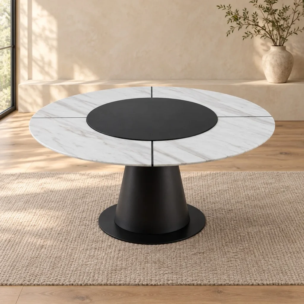 White Marble Round Table with Black Lazy Susan on Cone Base in ivory — front view