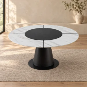 White Marble Round Table with Black Lazy Susan on Cone Base in ivory — front view