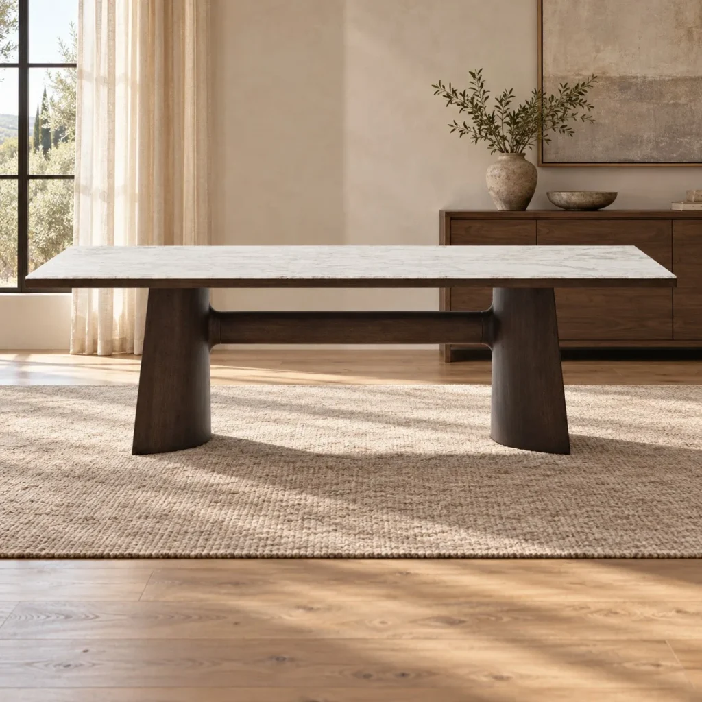 White-Gold Sintered Stone Dining Table in ivory — front view