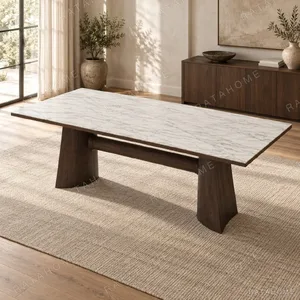 White-Gold Sintered Stone Dining Table in ivory — in a room setting