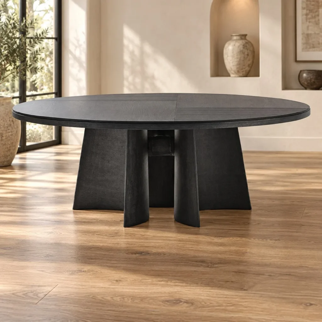 Black Veneer Round Dining Table on Cross-Panel Pedestal in black — front view