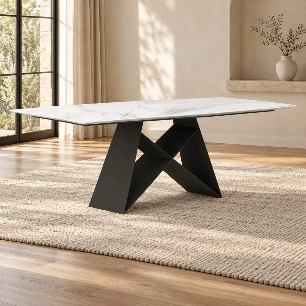 White Sintered Stone Dining Table in ivory — front view
