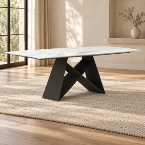 White Sintered Stone Dining Table in ivory — front view